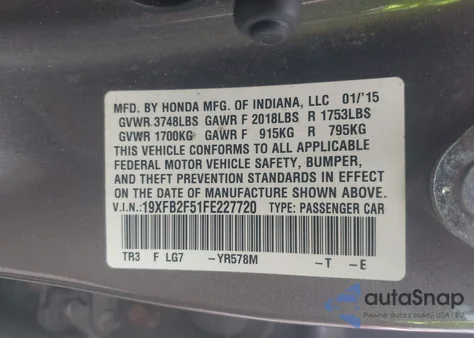 2015 Honda Civic Lx из США, поврежденный, VIN 19XFB2F51FE227720